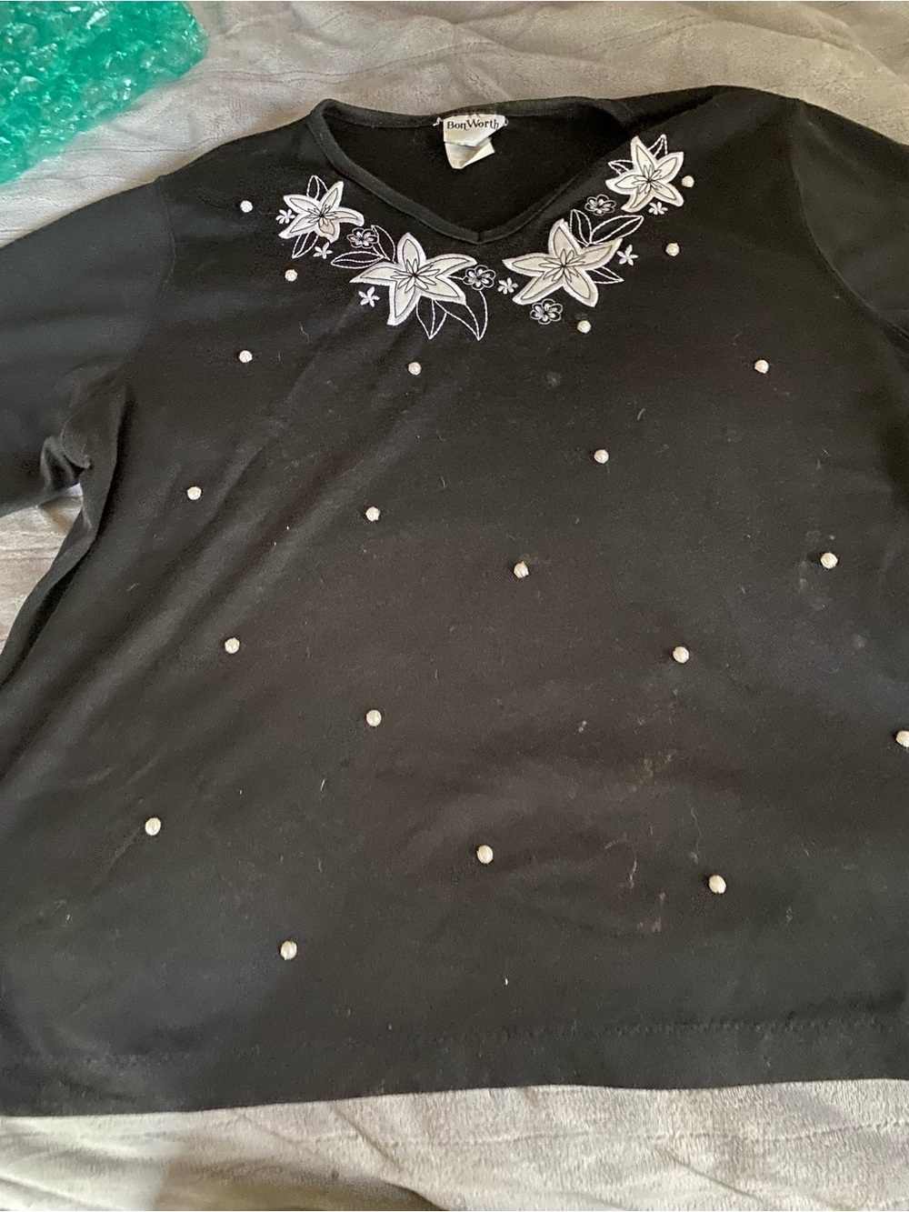 Worth Black V-NeckTop with White Floral Embroidery